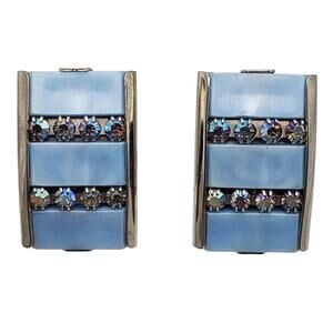 Kramer NY Blue AB Rhinestone Clip Earrings Faux MOP Lucite Signed 1960s Vintage